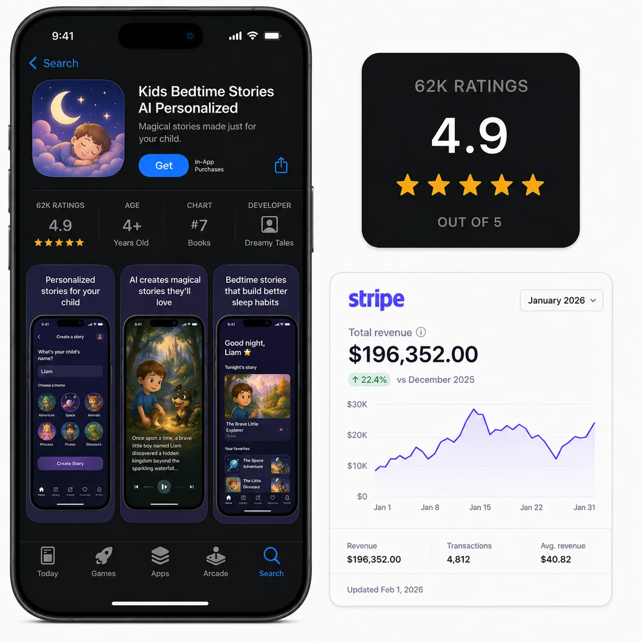 Kids Bedtime Stories app — 4.9 stars, $196,352 estimated monthly income