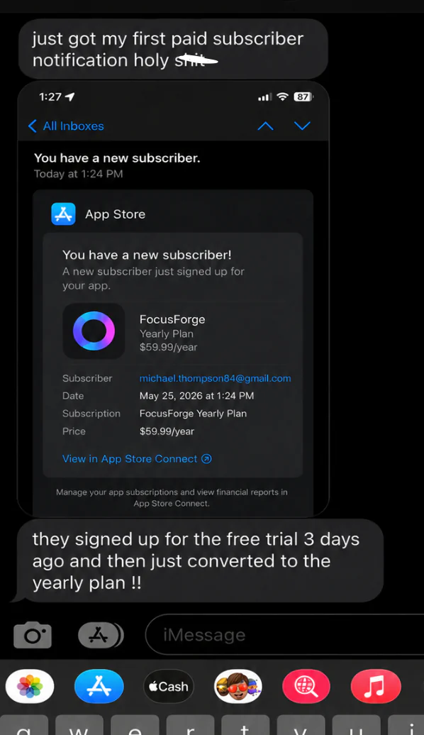 Customer message showing a first paid App Store subscriber