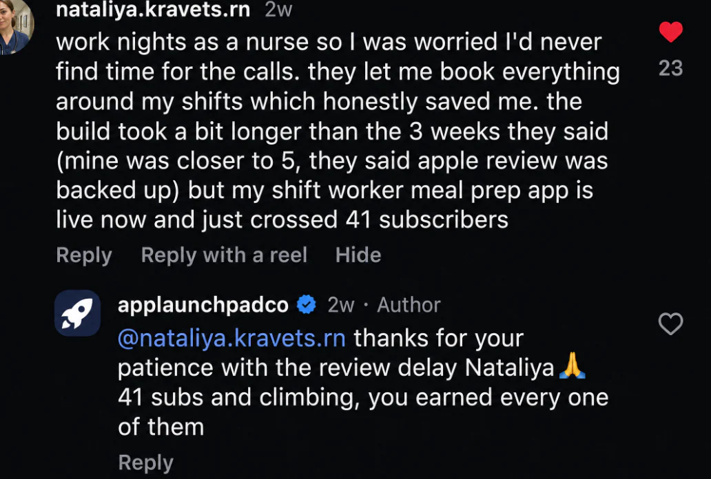 App launcher testimonial describing a shift-worker meal prep app reaching 41 subscribers