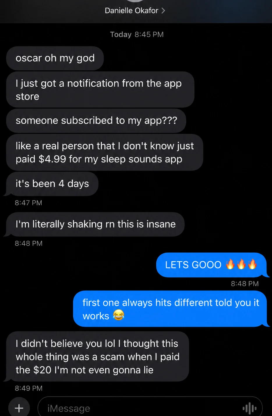 Customer message celebrating the first paid subscriber for a sleep sounds app
