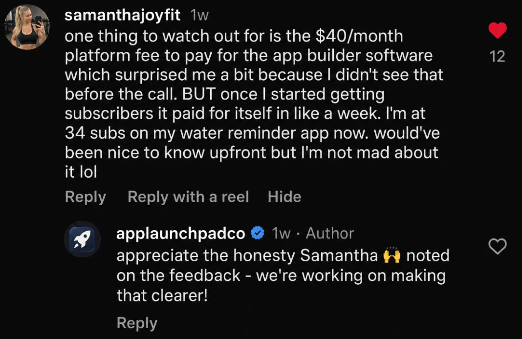 App launcher testimonial describing 34 subscribers for a water reminder app